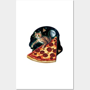 Explorer cat riding a slice of pizza in space Posters and Art